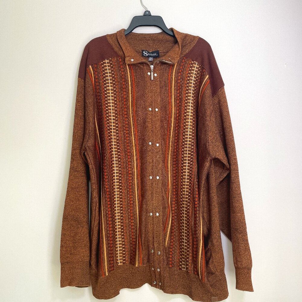 Men's 3XL Vintage Silversilk Brown Orange & Tan Zip Up Jacket
